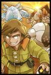  1boy artist_name artsy-theo belt black_belt black_border border brandon_(pokemon) brown_hair commentary english_commentary green_bag green_jacket green_pants grin holding holding_poke_ball jacket long_sleeves male_focus pants poke_ball pokemon pokemon_(creature) pokemon_emerald pokemon_rse pokemon_team pouch pyramid_(structure) regice regirock registeel short_hair sky smile sun thick_eyebrows ultra_ball 