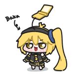  1girl akita_neru arrow_(symbol) black_hairband black_shirt black_skirt blonde_hair cellphone chibi chibi_only commentary detached_sleeves flip_phone full_body hairband highres jitome long_hair looking_at_viewer lulalang necktie phone shirt side_ponytail simple_background skirt smile solo standing tongue tongue_out twitter_username vocaloid white_background yellow_eyes yellow_necktie 