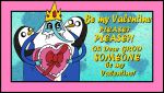 2017 absurd_res adventure_time anthro avian beak beard bird black_outline blue_body blue_skin cartoon_network english_description english_text eyebrows facial_hair gunther_(adventure_time) hi_res holding_box_of_chocolates holidays human ice_king male mammal mightyfilm on_model outline parody penguin pink_background pointy_nose sharp_teeth simple_background teeth text valentine's_day valentine's_day_card white_beard white_eyebrows white_facial_hair yellow_beak yellow_text