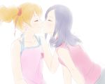  2girls blonde_hair blue_hair blue_ribbon closed_eyes closed_mouth collarbone fresh_precure! higashi_setsuna imminent_kiss kotobuki_oto long_hair momozono_love multiple_girls pink_shirt precure red_shirt ribbon shirt simple_background sketch sleeveless sleeveless_shirt smile upper_body white_background yuri 