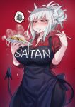  1girl apron bangs blunt_bangs blush breasts cum cum_in_mouth cum_on_food cumdrip demon_girl demon_horns demon_tail food gokkun helltaker highres horns large_breasts lucifer_(helltaker) mole mole_under_eye pancake red_eyes sidelocks slit_pupils solo spoken_squiggle squiggle sweatdrop tail tears white_hair zhen_lu 