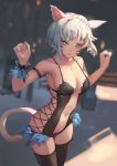  1girl animal_ears bare_shoulders black_legwear blue_eyes blurry blurry_background cat_ears cat_tail closed_mouth facial_mark final_fantasy final_fantasy_xiv highres kenpenghaoxuan miqo&#039;te navel red_lips short_hair smile solo tail thighhighs white_hair 