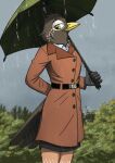 absurd_res american_robin anthro avian bird bottomwear clothing coat collared_shirt dress_shirt female fish_birb hi_res holding_object holding_umbrella oscine outside passerine pose raining robin_(bird) robin_(fish_birb) shirt skirt solo thrush_(bird) topwear trenchcoat true_thrush umbrella