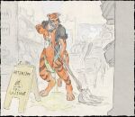 anthro black_clothing black_shirt black_topwear bodily_fluids clothed clothing diaper felid fillyfables franprix french_text genital_fluids grocery_store hi_res leaking_diaper looking_down looking_down_at_object male mammal mopping pantherine shirt solo standing text tiger topwear unclean_diaper upset urine urine_on_ground urine_pool used_diaper wearing_diaper wet_diaper wet_floor_sign