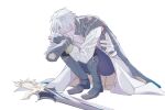  1boy arm_guards armor black_boots blue_pants boots cape closed_eyes commentary crossed_arms grey_hair highres honkai:_star_rail honkai_(series) kneeling long_sleeves male_focus pants phainon_(honkai:_star_rail) shirt short_hair shoulder_armor simple_background solo white_background white_cape white_shirt yu_(yyy6_y1_yy7) 