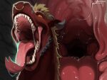 anthro blonde_hair bodily_fluids drooling drooling_tongue facial_piercing fangs feral fur hair hi_res hoffersanchez horn male mane mouth_shot nose_piercing open_mouth piercing pink_mouth red_body red_fur red_hair saliva snout solo spikes teeth throat tongue tongue_out vore yellow_body yellow_eyes yellow_fur