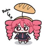  1girl :3 arrow_(symbol) baguette black_shirt black_skirt bread brown_hairband chibi chibi_only closed_mouth commentary detached_sleeves drill_hair drooling food full_body hairband highres kasane_teto kasane_teto_(utau) long_hair looking_at_viewer lulalang red_eyes red_hair shirt simple_background skirt smile solo standing twin_drills twitter_username utau white_background 