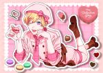  1boy ;p akemi_keiichi ankle_boots apron ascot beret blonde_hair blue_background blue_eyes boots border bow brown_apron brown_boots buttons colored_eyelashes commentary double-breasted english_commentary english_text fingernails food fruit full_body grey_outline hand_on_own_face hands_up happy_valentine hat hat_bow heart holding holding_food holding_macaron inset_border kneehighs looking_at_viewer lying macaron male_focus official_artist_extra ogeretsu_tanaka on_stomach one_eye_closed outline pale_skin parted_bangs pink_ascot pink_bow pink_hat pink_shirt pink_shorts plaid_ascot plaid_background plaid_clothes plaid_shorts shadow shirt short_hair shorts sleeve_cuffs sleeves_rolled_up socks solo strawberry tongue tongue_out very_short_hair waist_apron white_border white_outline white_socks yarichin_bitch-bu 