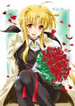  1girl ahoge black_jacket black_ribbon black_shirt black_skirt blonde_hair bouquet closed_mouth coat commentary_request dated dress_shirt fate_testarossa flower hair_ribbon highres holding holding_bouquet jacket jacket_on_shoulders long_hair long_sleeves looking_at_viewer lyrical_nanoha mahou_shoujo_lyrical_nanoha_strikers military military_uniform miniskirt neck_ribbon pantyhose partial_commentary pencil_skirt petals red_eyes red_flower red_rose ribbon rose san-pon shirt sidelocks sitting skirt smile solo sparkle tsab_executive_military_uniform twitter_username uniform white_coat white_legwear white_shirt wing_collar yellow_neckwear 