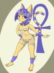  3_toes 5_fingers animal_crossing ankha_(animal_crossing) anthro blue_hair breasts deity domestic_cat egyptian felid feline felis female fingers hair hi_res hieroglyphics jewelry mammal navel nintendo ravirr94 seductive small_breasts solo tagme toes video_games wraps 