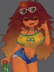  1girl :d bead_choker beads belly_chain black_eyes blue_shorts bracelet brazilian_flag breasts brown_hair can commentary_request cowboy_shot cropped_shirt cutoffs dark-skinned_female dark_skin drink_can earrings eyewear_on_head flower flower_request friday_night_funkin' girlfriend_(friday_night_funkin') grey_background hair_flower hair_ornament highres hiratsuki0523 holding holding_can jewelry long_eyelashes long_hair looking_at_viewer medium_breasts multiple_bracelets open_fly open_mouth shaka_sign shirt short_shorts shorts smile solo sunglasses tan tanlines teeth upper_teeth_only very_long_hair yellow_shirt 