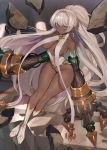  1girl bare_shoulders blue_eyes blurry blurry_background borrowed_character breasts broken_ground cleavage closed_mouth covered_navel dark_skin dotsuco earrings floating floating_rock full_body groin highres indoors jewelry large_breasts legs long_hair looking_at_viewer mechanical_arms no_bra original ponytail revealing_clothes solo thighs very_long_hair white_footwear white_hair 