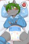  2020 absurd_res anthro bed blush canid canine clothed clothing clothing_lift diaper embarrassed fur furniture green_eyes green_hair grey_body grey_fur hair hi_res kemono looking_at_viewer lying male mammal on_back on_bed pajamas pants_around_one_leg pillow satsuki_rabbit shirt shirt_lift shy solo topwear 
