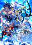  4boys 4girls abs abs_cutout absurdres ahoge animal_ears arm_up armlet armpits asclepius_(fate/grand_order) atalanta_(fate) backless_outfit bangs bare_shoulders berserker bikini black_bikini black_gloves black_hair black_jacket black_sclera black_shirt blonde_hair blue_eyes blue_gloves bodice body_markings boots bow_(weapon) bracelet bracer braid breasts brother_and_sister caenis_(fate) caster_lily castor_(fate/grand_order) cat_ears cat_tail chest cleavage closed_mouth collar crown dark_skin dark_skinned_male detached_sleeves diadem doctor dress dynamic_pose earrings eyebrows_visible_through_hair fang fate/apocrypha fate/grand_order fate_(series) fighting_stance fingerless_gloves floating full_body gauntlets gloves glowing gradient gradient_hair green_eyes green_hair grin hair_between_eyes hair_intakes hair_ornament hairband hand_on_hip heterochromia highres holding hood hood_up hooded_jacket jacket jason_(fate/grand_order) jewelry lance large_breasts leg_armor light long_hair long_sleeves looking_at_viewer looking_back looking_to_the_side magical_girl mask medium_hair meiji_ken metal_collar mismatched_gloves multicolored_hair multiple_boys multiple_girls muscle necklace open_hands open_mouth pauldrons pectorals pointing pointing_up pointy_ears polearm pollux_(fate/grand_order) ponytail red_eyes revealing_clothes sandals shadow shield shirt short_hair siblings silver_hair skirt sky small_breasts smile star_(sky) strapless strapless_dress swimsuit sword tail tattoo teeth thigh_boots thighhighs tied_hair twins two-tone_hair upper_body vambraces very_long_hair weapon white_hair white_robe 