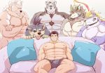  anthro bottomwear bulge canid canine canis clothing domestic_dog fenrir_(housamo) garmr group horkeukamui human human_on_anthro interspecies jock_protagonist_(tas) liuoie2 male male/male mammal marchosias_(tas) meme muscular muscular_male nipples pecs piper_perri_surrounded shorts temujin tokyo_afterschool_summoners video_games wolf 