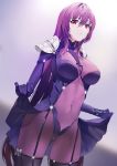  1girl bodysuit breasts covered_navel damda expressionless fate/grand_order fate_(series) hair_intakes large_breasts leotard lifted_by_self pauldrons purple_bodysuit purple_hair purple_leotard red_eyes scathach_(fate)_(all) scathach_(fate/grand_order) shoulder_armor skirt skirt_lift solo 