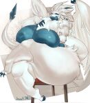 absurd_res anthro big_breasts big_butt blue_body blue_scales breasts butt chair chump1_tnl crossed_legs dragon female fur furniture furred_dragon furred_scalie hi_res huge_breasts huge_butt huge_thighs mythological_creature mythological_scalie mythology overweight overweight_female quinn_(dragon_down_under) scales scalie sitting solo tail talon_hands thick_thighs white_body white_fur wings