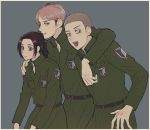  1girl 2boys belt blonde_hair brown_eyes brown_hair coat connie_springer emblem facial_hair grey_hair happy highres jacket jean_kirchstein medium_hair military military_uniform multiple_boys older open_mouth paradis_military_uniform pi0w0pi ponytail sasha_braus shingeki_no_kyojin short_hair simple_background smile tied_hair timeskip training_corps_(emblem) uniform yellow_eyes 