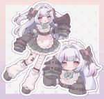  1girl :3 :d absurdres bandaged_leg bandages bandaid bandaid_on_leg black_bow black_shoes black_sleeves blue_hair blush border bow bowtie closed_mouth commentary_request commission cropped_torso detached_sleeves double_horizontal_stripe dress frilled_dress frills full_body gradient_border green_bow green_bowtie hair_bow hair_intakes highres holding holding_megaphone kneehighs long_hair long_sleeves looking_at_viewer loose_socks maid_headdress megaphone multicolored_hair multiple_views open_mouth orange_eyes original outside_border pleated_dress pointy_ears purple_streaks shoes short_dress short_sleeves skeb_commission sleeves_past_fingers sleeves_past_wrists smile socks standing standing_on_one_leg streaked_hair striped_clothes striped_dress two_side_up white_background white_socks yuino_ruria 