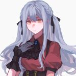  1girl ascot bang_dream! bang_dream!_it's_mygo!!!!! black_ascot black_ribbon black_wrist_cuffs blue_hair braid brooch brown_corset closed_mouth collared_shirt commentary_request corset double-parted_bangs frilled_cuffs gloves grey_background grey_gloves hair_ribbon highres jewelry long_hair looking_at_viewer oblivionis_(bang_dream!) over3ea procreate_(medium) puffy_short_sleeves puffy_sleeves red_shirt ribbon shirt short_sleeves simple_background solo togawa_sakiko two_side_up wrist_cuffs yellow_eyes 