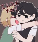  >_< 2boys :s basil_(faraway)_(omori) basil_(omori) black_hair black_vest blonde_hair brown_background character_request check_character closed_eyes closed_mouth double-parted_bangs english_text green_vest hair_between_eyes half-closed_eyes hashtag-only_commentary highres hug justmaybelii light_blush multiple_boys omori open_mouth outline raised_eyebrow reluctant shirt short_hair short_sleeves simple_background smile sunny_(omori) upper_body vest white_outline white_shirt yaoi 