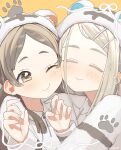  2girls ;) ^_^ absurdres animal_hat blonde_hair blush brown_hair cheek-to-cheek closed_eyes commentary_request fingernails gakuen_idolmaster hat heads_together highres hug idolmaster kuramoto_china multiple_girls noko_(nowako33) one_eye_closed parted_bangs paw_print shinosawa_hiro smile tiger_hat upper_body yellow_background yuri 