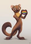  &lt;3 2020 anthro black_nose brown_body brown_fur claws fangs featureless_crotch fur head_tuft hi_res inner_ear_fluff kebi lgbt_pride mammal marten mustelid musteline neck_tuft notched_ear nude open_mouth open_smile pawpads pine_marten pride_colors simple_background smile solo standing toe_claws tuft whiskers 
