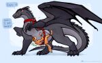 anthro belly big_belly black_body black_horn black_scales black_spikes blue_eyes blush bound_to_object brown_hair canid canine collar darkdraconica darky_(darkdraconica) dave_(darkdraconica) dialogue digital_media_(artwork) dragon duo english_text european_mythology female feral fox fur hair hand_on_belly harness hi_res horn larger_female larger_feral long_neck looking_pleasured male male/female mammal membrane_(anatomy) membranous_wings mythological_creature mythological_scalie mythology neck_spikes nude orange_body orange_fur quadruped scales scalie size_difference smaller_anthro smaller_male speech_bubble spiked_tail spikes spikes_(anatomy) strapped tail talking_feral text url ventral_scales western_dragon wings yellow_eyes
