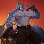 1:1 2025 5_fingers abs anthro areola arm_tuft belt belt_buckle biceps big_muscles big_pecs big_tail biped black_belt black_bottomwear black_clothing black_nose black_pants blue_body blue_fur blue_tail bottomwear bracelet buckle canid canine canis cheek_tuft chest_tuft chin_tuft claws clothed clothing collar countershade_arms countershade_face countershade_fur countershade_tail countershade_torso countershading deltoids digital_media_(artwork) dislyte ear_piercing elbow_tuft eyebrows eyewear facial_tuft fangs finger_claws fingerless_gloves fingers fluffy fluffy_tail forearm_muscles freddy_(dislyte) fur gloves gradient_background grey_areola grey_nipples grin handwear head_tuft hi_res holding_eyewear holding_object holding_sunglasses humanoid_hands jewelry leaning_on_motocycle leaning_on_object lilith_games looking_aside male mammal motorcycle multicolored_body multicolored_fur muscular muscular_anthro muscular_arms muscular_legs muscular_male navel neck_tuft nipples obliques orange_background pants pecs piercing pointy_ears prick_ears purtropos quads raised_hand serratus signature simple_background smile solo spiked_bracelet spikes standing sunglasses tail teeth thick_thighs tight_bottomwear tight_clothing tight_pants topless trapezius triceps tuft two_tone_body two_tone_fur two_tone_tail vehicle wearing_gloves white_body white_claws white_eyebrows white_fur white_tail wolf yellow_eyes zipper