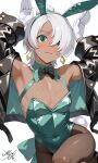  1boy animal_ear_hairband animal_ears aqua_bow aqua_leotard arm_up armpits black_bow black_pantyhose blush bow closed_mouth commentary_request covered_navel cowboy_shot detached_collar earrings embarrassed fake_animal_ears gloves green_eyes gundam hair_bun hair_over_one_eye hairband highres jacket jewelry knee_up leather leather_jacket leg_up leotard looking_at_viewer loran_cehack male_focus male_playboy_bunny mukro0922 pantyhose parted_hair pink_lips rabbit_ear_hairband rabbit_ears rabbit_pose rabbit_tail short_hair signature simple_background solo tail tears thighs trap turn_a_gundam wavy_mouth white_background white_gloves white_hair 
