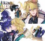  2boys :d ? ?? @_@ animal_ears antenna_hair beamed_eighth_notes black_collar black_gloves blue_eyes blue_hair blurry bottle brooch cat_boy cat_ears cat_tail closed_eyes collar commentary couple crossed_bangs dog_boy dog_ears dog_tail droopy_ears english_commentary fingerless_gloves flins_(genshin_impact) fluffy_tail fur-trimmed_jacket fur_trim genshin_impact gloves hair_between_eyes hand_on_own_chin heads_together highres jacket jewelry kemonomimi_mode lapels leaning_forward licking licking_another's_cheek licking_another's_face light_blush long_hair male_focus medium_hair motion_lines mullet multiple_boys multiple_views musical_note notched_lapels one_ear_down open_mouth pants parted_lips playing_with_own_hair quilted_clothes scar scar_on_arm scar_on_cheek scar_on_face shelf side-by-side simple_background sitting smile stroking_own_chin surprised sweating_speech_bubble tail tail_raised tail_through_clothes thigh_strap three-quarter_sleeves to_ko tongue tongue_out turn_pale varka_(genshin_impact) very_long_hair wall_shelf white_background white_pants wine_bottle wine_rack yaoi yellow_eyes 