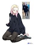  1girl absurdres arm_support black_eyeliner black_hoodie black_pantyhose black_shoes blonde_hair blue_eyes earphones earrings eyeliner face_piercing fingernails full_body gradient_hair hair_ornament hairclip hands_on_ground highres hood hoodie jewelry light_blush lip_piercing long_fingernails long_hoodie looking_at_viewer makeup multicolored_hair nisp_art original pantyhose piercing pink_hair pink_nails reference_inset shoes short_hair simple_background single_earring sitting smile sneakers solo two-tone_hair white_background wireless_earphones yokozuwari 