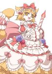  1girl :3 :d animal_ear_fluff animal_ears animal_hands blonde_hair blueberry bow bowtie candle cat_ears cat_girl cat_tail chest_fur clothing_request commentary_request dress fang fluffy food frilled_dress frills fruit fun_bo furry furry_female headdress highres holding holding_candle juliet_sleeves large_bow long_sleeves medium_hair open_mouth orange_eyes orange_fur original pink_bow puffy_sleeves red_bow red_bowtie slit_pupils smile solo tail tail_ornament two-tone_fur white_fur 
