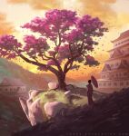  1girl architecture building castle cherry_blossoms commentary east_asian_architecture english_commentary from_behind grass holding holding_umbrella japanese_clothes kimono landscape original outdoors painterly petals pink_kimono pink_leaf pink_petals pink_umbrella rock scenery sky standing sunlight sylvain_sarrailh tree umbrella web_address yellow_sky 