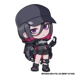  1girl belt boots breasts c4 cape chibi commentary covered_navel elysion_harper_(nikke) english_commentary explosive full_body gloves goddess_of_victory:_nikke gradient_hair grey_boots grey_cape grey_gloves grey_hair grey_hat hair_between_eyes hand_on_own_hip hand_up hat highres holding holding_phone knee_pads light_blush long_hair looking_at_viewer medium_breasts multicolored_hair no_nose official_art parted_lips phone pink_hair purple_eyes see-through_clothes single_knee_pad solo standing totatokeke very_long_hair 