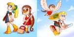  2017 2:1 animal_humanoid avian avian_humanoid beak black_clothing black_dress blonde_hair blue_eyes broom brown_hair clothing crossover dress duo female flying fupoo hair hi_res humanoid machine medli megaman_(classic) nintendo red_clothing red_dress red_eyes rito robot roll_(megaman) simple_background the_legend_of_zelda video_games wind_waker 