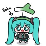  1girl :d arrow_(symbol) black_skirt blue_eyes blue_hair blue_necktie chibi chibi_only commentary detached_sleeves double-parted_bangs full_body green_hairband grey_shirt hairband hatsune_miku highres long_hair looking_at_viewer lulalang necktie open_mouth shirt simple_background skirt sleeveless sleeveless_shirt smile solo spring_onion standing twintails twitter_username very_long_hair vocaloid white_background 