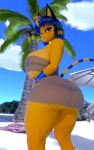 2024 absurd_res animal_crossing ankha_(animal_crossing) anthro armwear beach big_breasts big_butt blue_hair breasts butt butt_focus charleskirbyiii clothed clothing digital_media_(artwork) disinterested domestic_cat felid feline felis female hair headgear headwear hi_res huge_breasts huge_butt huge_filesize looking_at_viewer looking_back low-angle_view mammal nintendo palm_tree plant solo thick_thighs tree wide_hips wrappings