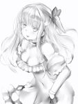  1girl bangs blunt_bangs blush breasts butterfly_hair_ornament cleavage copyright_request covered_navel dress eyebrows_visible_through_hair gloves greyscale hair_ornament half_gloves highres large_breasts long_hair looking_at_viewer monochrome nanashi_(nlo74593630) simple_background smile solo white_background 