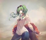  1girl bangs blue_pants breasts chicken_(dalg-idalg) closed_mouth cowboy_shot day desert dust_cloud earrings eyewear_on_head green_eyes green_hair green_nails hair_over_shoulder hatsune_miku highres jacket jewelry long_hair long_sleeves looking_at_viewer medium_breasts nail_polish off_shoulder open_clothes open_jacket outdoors pants print_shirt red_jacket sand shirt sky solo suna_no_wakusei_(vocaloid) sunglasses twintails vocaloid wind 