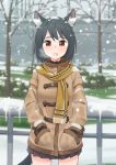  1girl animal_ear_fluff animal_ears bangs black_hair blurry blurry_background blush cat_ears cat_tail coat eyebrows_visible_through_hair hands_in_pockets highres looking_at_viewer nekoze_(s22834712) open_mouth original outdoors pleated_skirt red_eyes scarf short_hair skirt snowing solo tail visible_air 