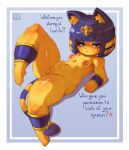 absurd_res animal_crossing ankha_(animal_crossing) anthro areola biped blue_hair breasts dialogue domestic_cat eyelashes felid feline felis female fur genitals hair hi_res mammal nintendo nipples pupils solo tail text vulva yellow_body zizujel