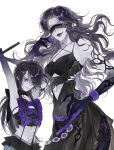  2girls absurdres arms_up bare_shoulders belt black_belt black_bra black_dress black_hair black_scarf black_skirt bow bra bracelet breasts chinese_commentary colored_extremities commentary_request covered_eyes dress earrings eye_mask eyes_visible_through_hair fangs fingernails follower_(identity_v) hair_over_one_eye hand_on_own_hip hand_up highres holding identity_v jewelry lamia long_fingernails long_hair looking_at_viewer lu87168373 mask medium_breasts monster_girl multiple_girls parted_lips pentagram pointy_ears polka_dot polka_dot_scarf purple_belt purple_bow purple_eyes scarf sidelocks simple_background skirt small_breasts snake snake_tail suspender_skirt suspenders tail teeth underwear upper_teeth_only wavy_hair white_background yidhra_(identity_v) 