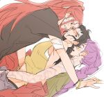  3girls bandage_on_face bandaged_arm bandages bandaid bandaid_on_face bandaid_on_nose black_eyes black_hair black_shirt bracelet braid commentary_request earrings girl_sandwich highres implied_fingering jewelry korean_commentary kpop_demon_hunters long_hair mira_(kpop_demon_hunters) multiple_girls open_mouth purple_hair red_hair rumi_(kpop_demon_hunters) sandwiched shirt simple_background single_braid sseui stud_earrings sweat tank_top twintails watch white_background wristwatch yellow_tank_top yuri zoey_(kpop_demon_hunters) 