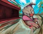  blue_sky commentary day drawingpkmneveryday gurdurr highres motion_blur outdoors pokemon pokemon_(creature) pokemon_focus red_nose sky solo steel_beam throwing tree veins 