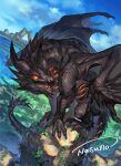 2026 2_horns ambiguous_gender black_body claws cloud detailed_background digital_media_(artwork) digital_painting_(artwork) dragon english_description european_mythology feral full-length_portrait hi_res horn hunched_over japanese_description long_neck long_tail markings membrane_(anatomy) membranous_wings muscular muscular_feral mythological_creature mythological_scalie mythology nasuno_posi neck_spikes no_sclera open_mouth orange_eyes orange_markings outside painting_(artwork) portrait rock scalie sea shaded sharp_teeth signature sky skyscape solo spiked_tail spikes spikes_(anatomy) tail tapering_tail teeth water western_dragon wing_claws wings