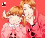  1boy 1girl :i :o aegyo_sal animal_print bear_print brother_and_sister cheek_squash commentary curtained_hair drawstring fingernails forehead frilled_shirt_collar frilled_sleeves frills hair_ornament hand_in_another's_hair hand_on_own_face hands_on_own_face hands_up heads_together hood hood_down hoodie layered_shirt long_hair looking_ahead looking_at_viewer minase_tomo minase_tomo's_sister official_artist_extra ogeretsu_tanaka orange_hair oretachi_majikou_destroy panda panda_hair_ornament panda_print parted_bangs pink_background pink_eyes pink_hoodie pink_sweater pink_theme portrait print_hoodie print_sweater puckered_lips raised_eyebrows shiny_forehead shiny_lips shirt short_hair short_twintails siblings simple_background smile sweater swept_bangs twintails twitter_username watch white_shirt wristwatch 