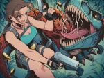  1girl belt_buckle braid brown_eyes brown_hair buckle claws commentary_request dinosaur dinosaur_tail dual_wielding fighting gun h&amp;k_usp h&amp;k_usp_match hair_between_eyes handgun highres holding holding_gun holding_weapon jewelry lara_croft necklace pechamaju plant prehistoric_animal saliva sharp_teeth shell_casing shorts tail tank_top teeth tomb_raider tyrannosaurus_rex vines weapon 