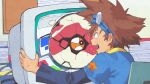  1boy anger_vein blue_headband blue_shirt book book_stack brown_hair commission computer diablomon digimon digimon_(creature) digimon_adventure digimon_adventure:_bokura_no_war_game eye_focus flying_sweatdrops frustrated goggles goggles_on_head headband highres indoors inkerton-kun layered_sleeves long_sleeves male_focus monitor open_mouth second-party_source shirt short_hair short_over_long_sleeves short_sleeves solo spiked_hair upper_body v-shaped_eyebrows yagami_taichi 