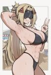 1girl abs ai-generated arm_up armpits ass bikini black_bikini blindfold_mask blonde_hair breasts cleavage commentary covered_eyes english_commentary hair_ornament highres large_breasts long_hair mask muscular muscular_female navel ponytail presenting_armpit sidillusts smile solo swimsuit trigger_(zenless_zone_zero) v zenless_zone_zero 
